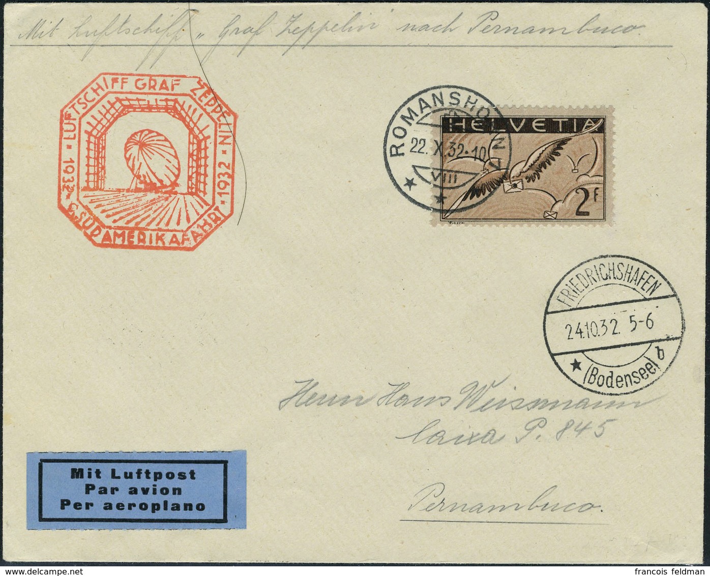 Lettre Zeppelin 9 SAF 1932 Pour Le Bresil Affranchie Avec PA 15b, TB - Altri & Non Classificati