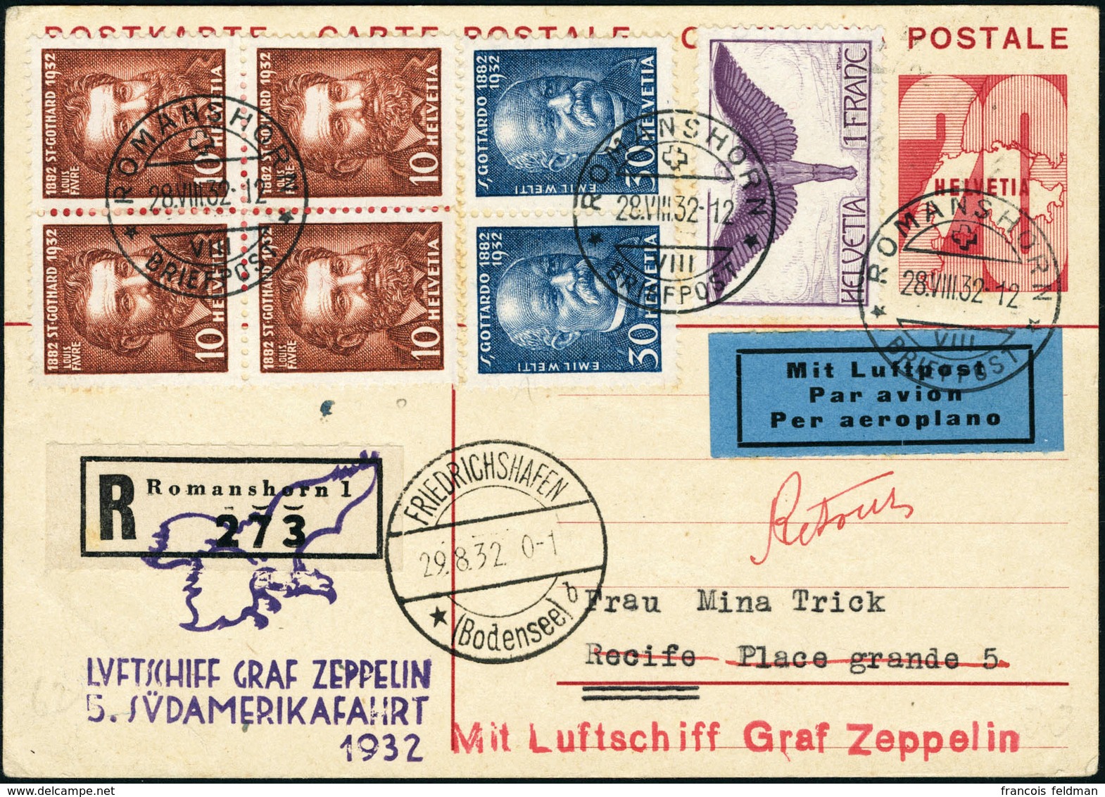 Lettre ZEPPELIN 5ème S.A.F 1932 S/C.P. CàD Romanshorn 28.VIII.32 CàD De Transit Et Friedrichshafen 29.8.32 Pour Recife.  - Other & Unclassified