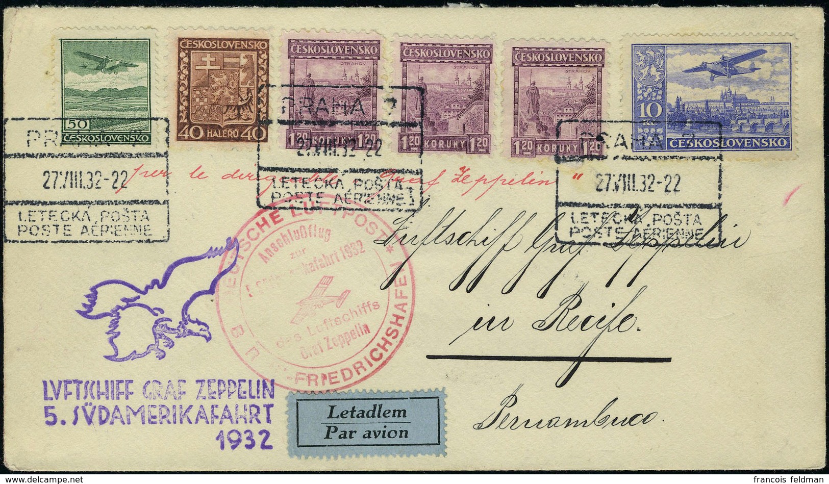 Lettre Zeppelin 5è SAF 1932 Prag 27/8/32 Pour Récife Brésil, Arrivée 1.9.32, T.B. - Other & Unclassified