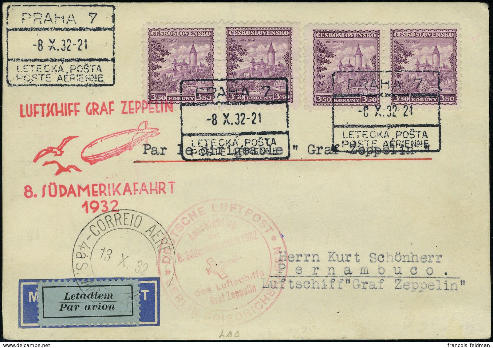 Lettre Zeppelin 8è SAF 1932 Prag 8.10.32 Pour Pernambuco, Arrivée 13.10.32 T.B. - Autres & Non Classés