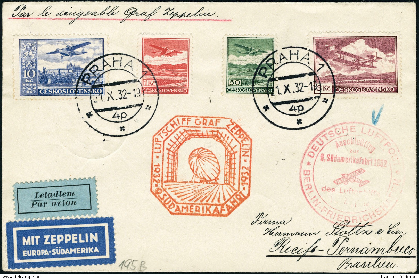 Lettre ZEPPELIN 9ème S.A.F. 1932. Lettre De Prague (21.X.32). CàD De Transit Berlin 23.10.32 Pour Recife-Pernambuco (Bré - Altri & Non Classificati