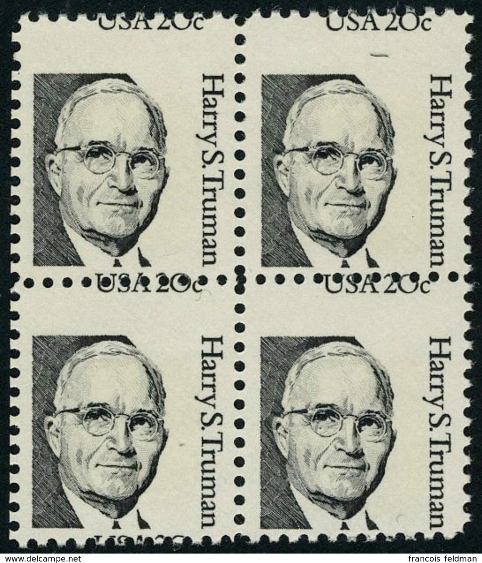 Neuf Sans Charnière N° 1514, 20c Harry Truman, Bloc De 4 Avec Variété De Piquage à Cheval Horizontal, T.B. - Sonstige & Ohne Zuordnung