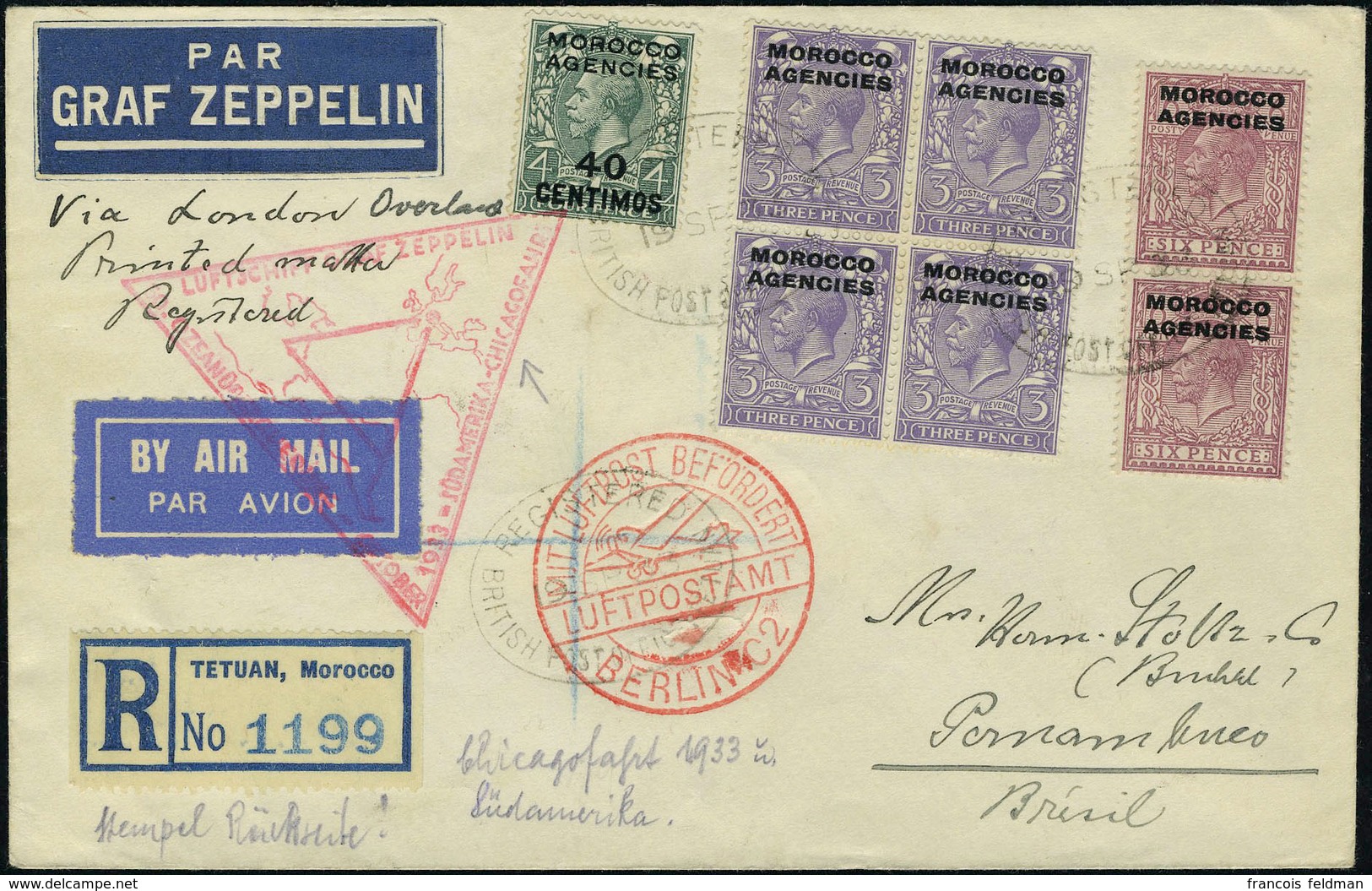 Lettre Zeppelin SAF Chicagofahrt 1933, LR De Tetuan 19 Sp 1933 Pour Pernambuco, Au Cerso Cachet Rouge Illustré Berlin Fr - Otros & Sin Clasificación