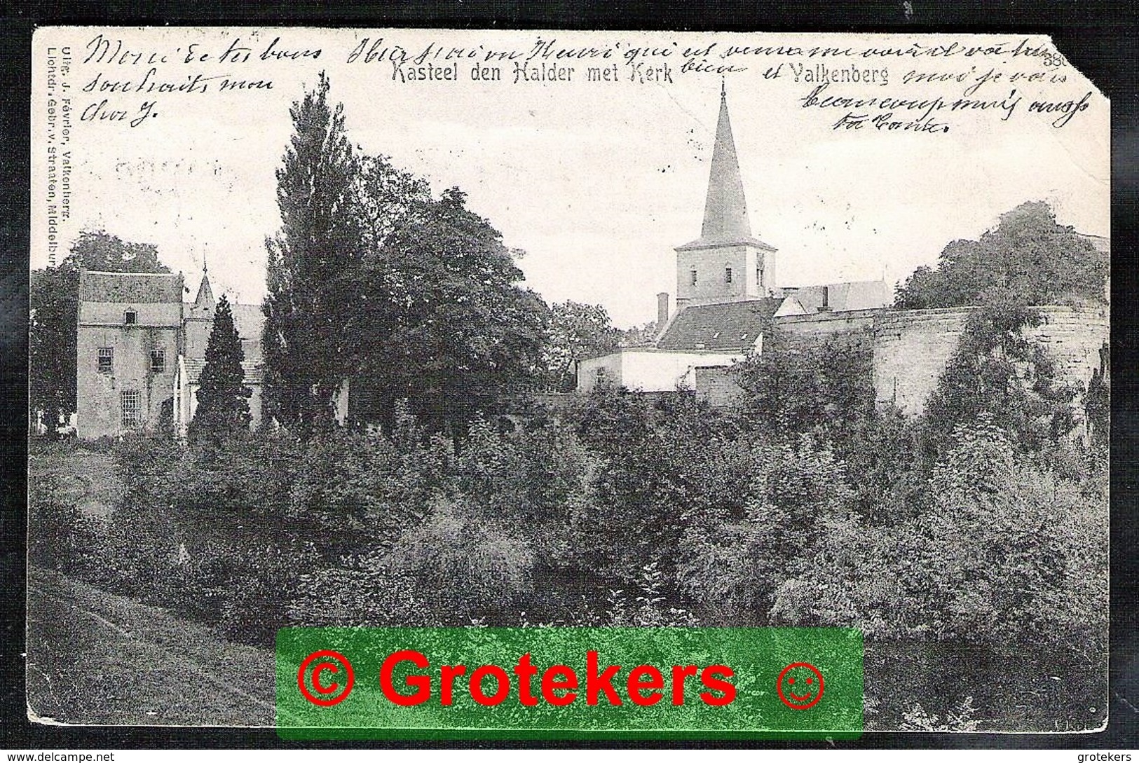 HOUTHEM Grootrondstempel Op Ansichtkaart Valkenberg Kasteel Den Halder Met Kerk  1903 - Poststempels/ Marcofilie