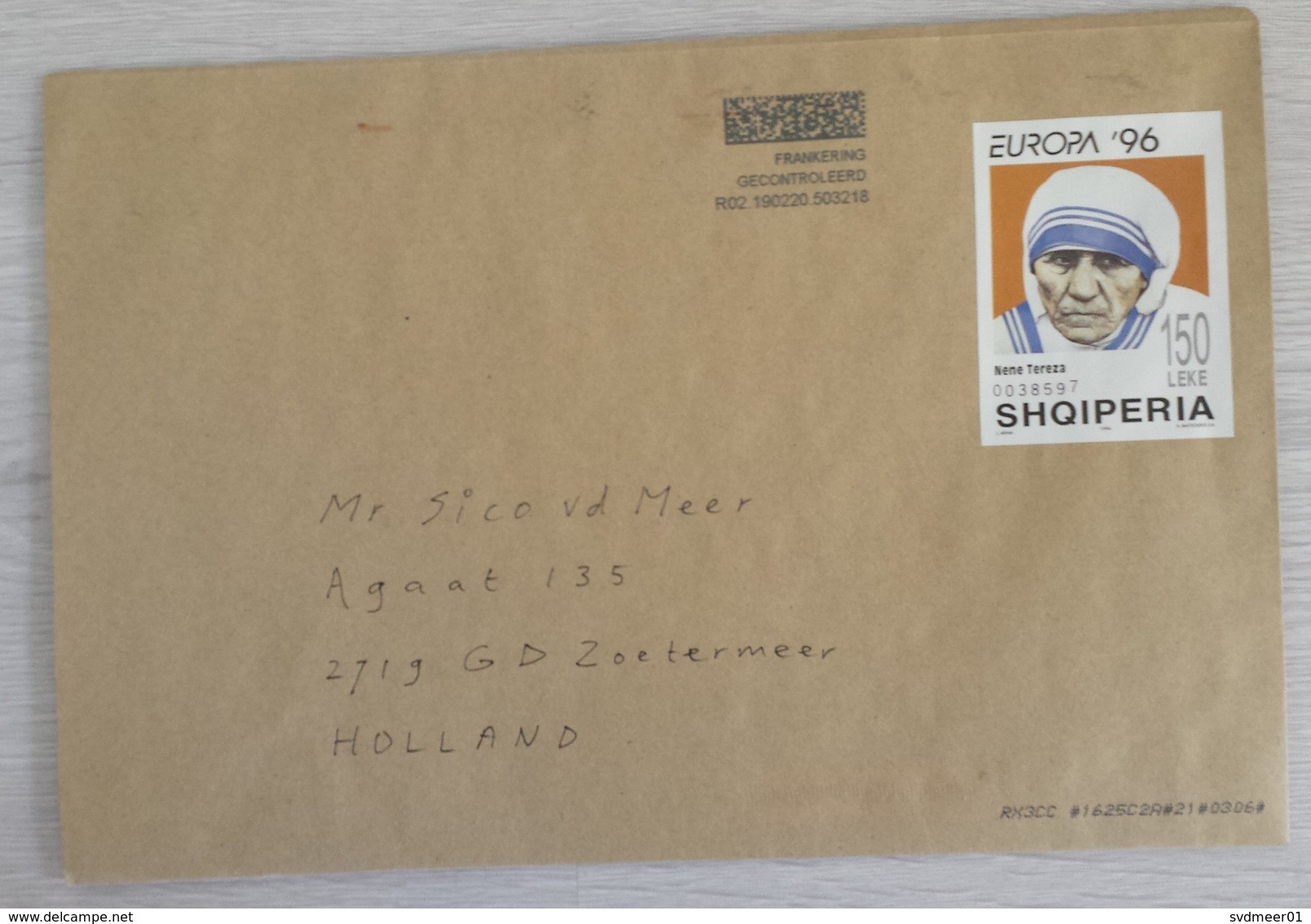 Albania: Large Cover To Netherlands, 2000s, Imperforated Stamp Mother Teresa, No Cancel, Postage Control (traces Of Use) - Albanië