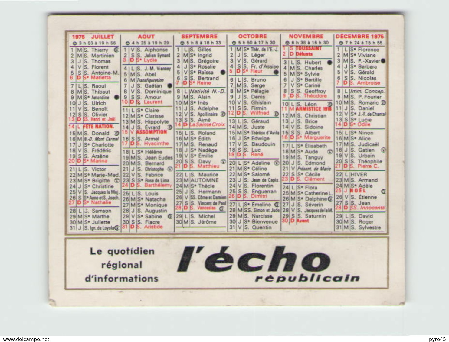 Calendrier Offert Par " L'Echo Républicain " Année 1975 - Klein Formaat: 1971-80