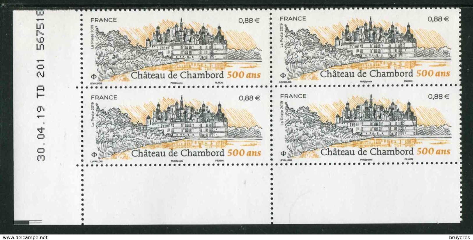 Bloc De 4 Timbres** Gommés De 2019 "0,88 € - CHÂTEAU DE CHAMBORD" Avec Date 30.04.19 - 2010-2019