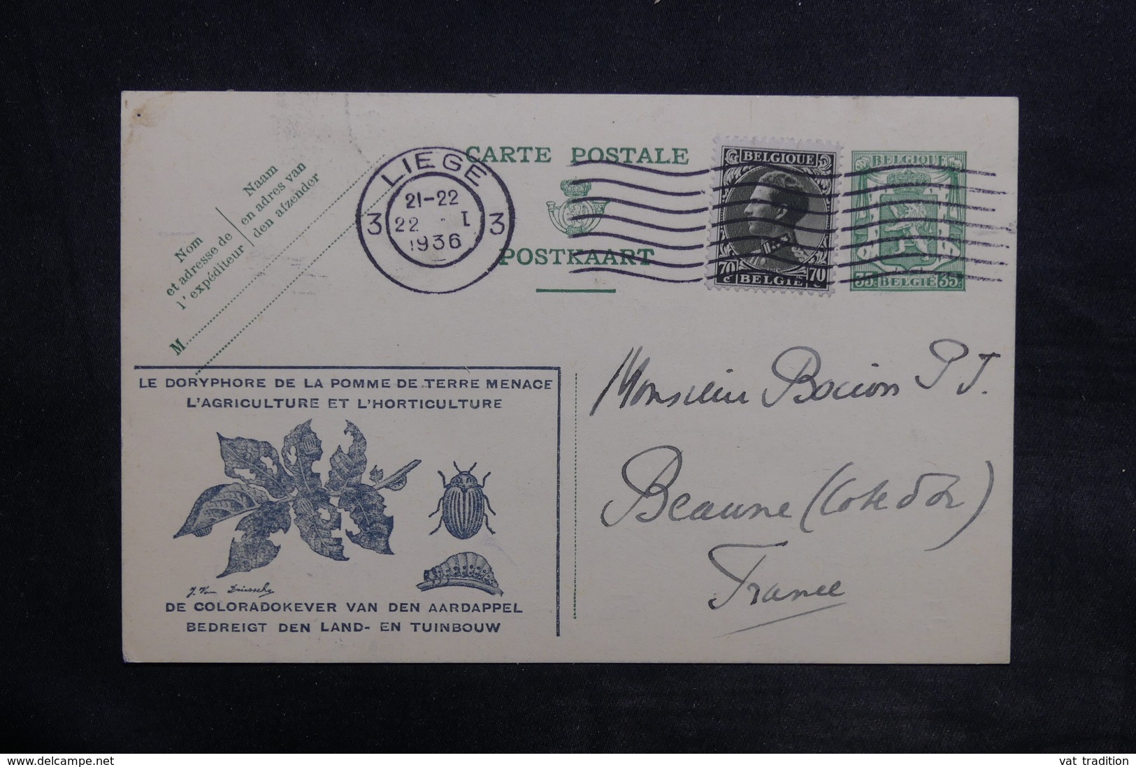 BELGIQUE - Entier Postal Illustré ( Doryphore ) + Complément De Liege Pour La France En 1936 - L 36157 - Cartes Postales Illustrées (1971-2014) [BK]