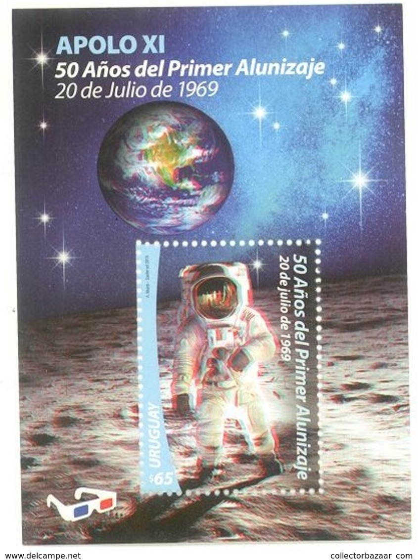 Uruguay 2019 Alunizaje Luna  SPACE APOLLO 11 MOON LANDING 50th ANNIVERSARY ASTRONAUTS 3D SHEET - América Del Sur