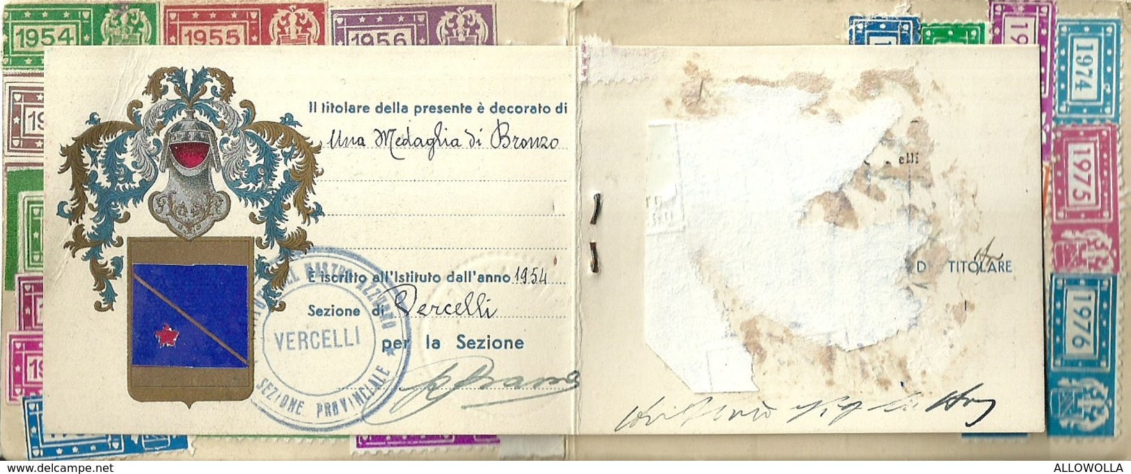 4817" ISTITUTO DEL NASTRO AZZURRO FRA COMBATTENTI DECORATI AL VALOR MILITARE-TESSERA DI RICONOSCIMENTO-1954 " ORIGINALE - Documenti