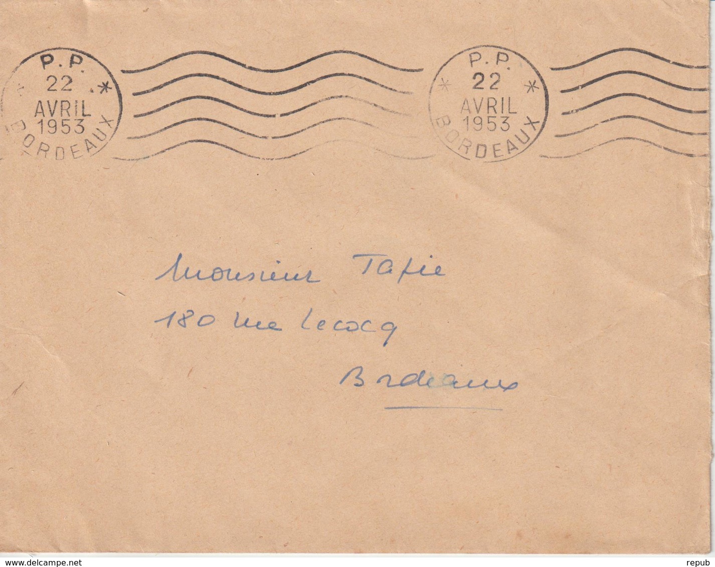 Lettre 1953 De Bordeaux Pour Bordeaux Oblitération PP - 1921-1960: Modern Tijdperk