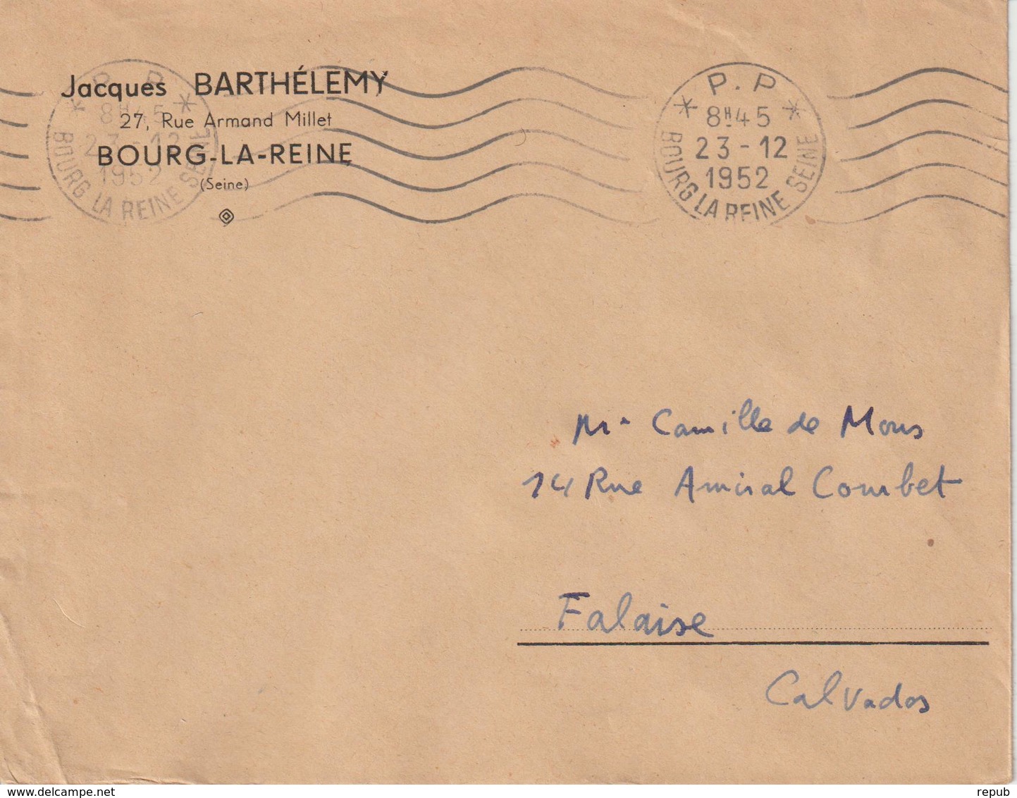 Lettre 1952 De Bourg La Reine Pour Falaise Oblitération RBV PP - 1921-1960: Période Moderne