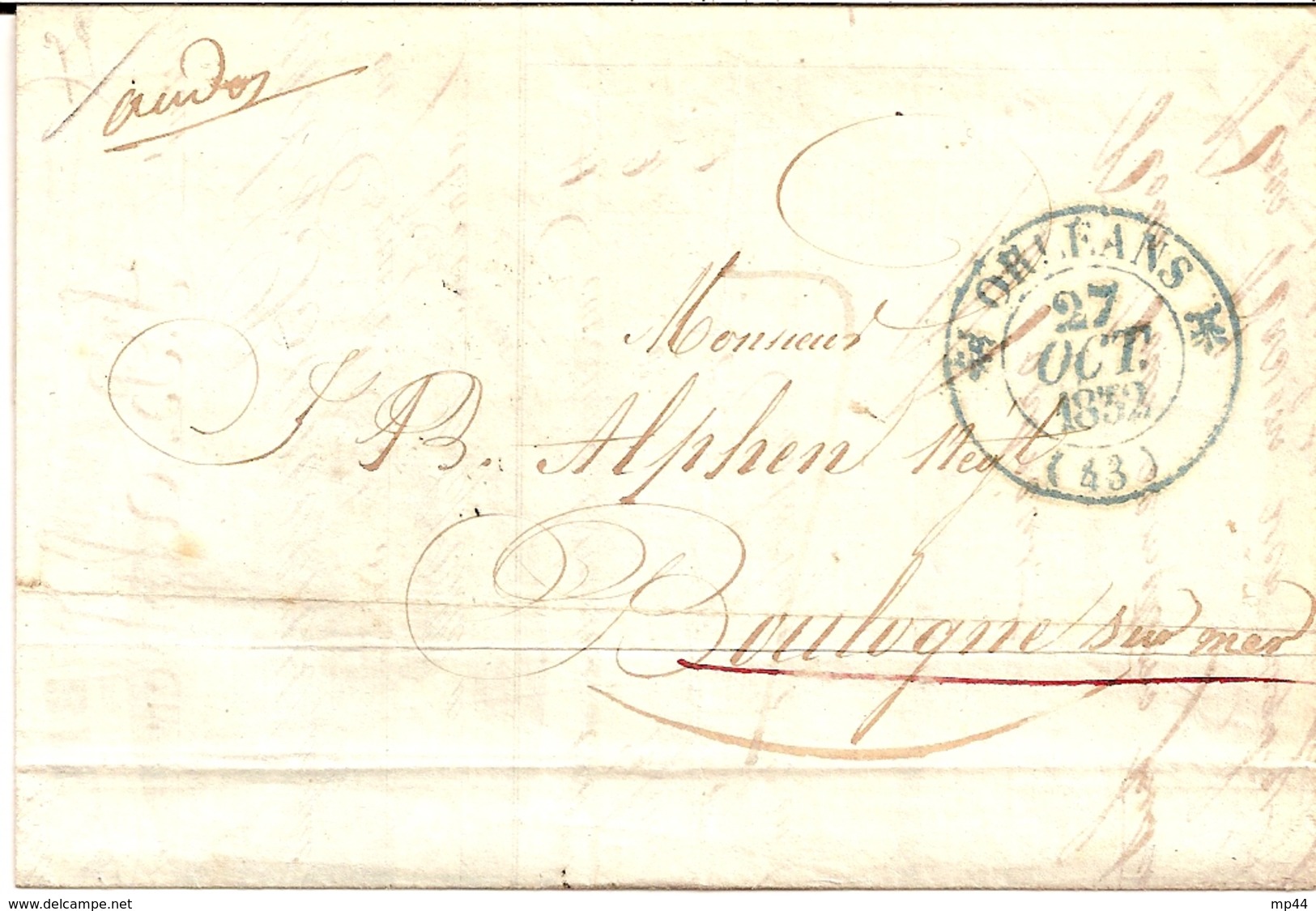 5F1  ---  92   BOULOGNE-BILLANCOURT  Cursive 72  Boulogne En FAUSSE DIRECTION Sur Lettre D'Orléans Pour Boulogne Sur Mer - 1801-1848: Precursors XIX