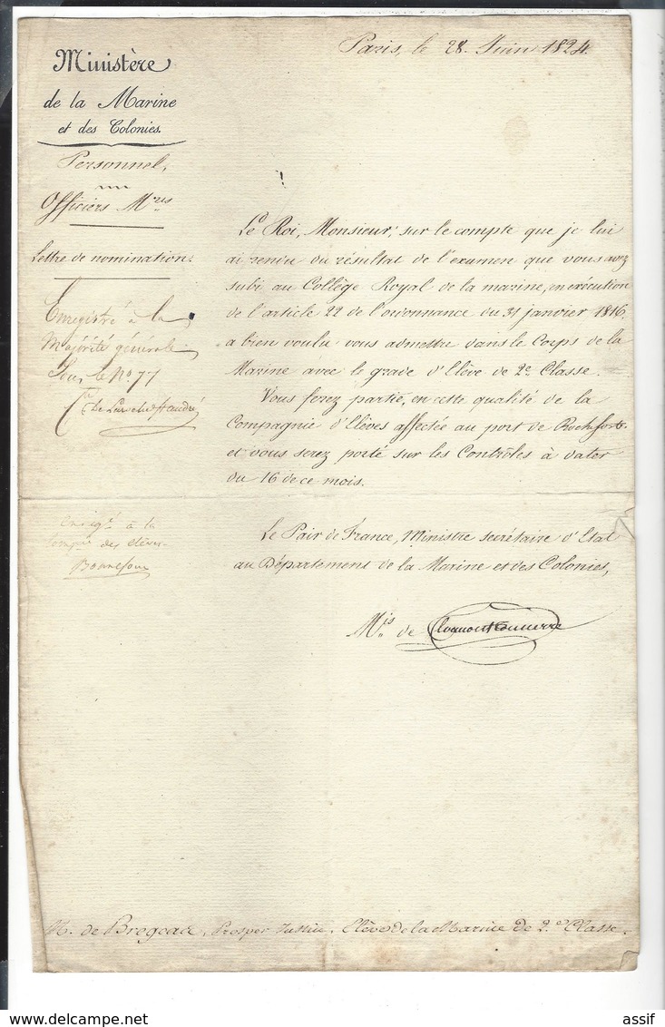 MINISTERE De La MARINE Et Des COLONIES 1824 Signature Autographe  Gaspard De Clermont -Tonnerre Rochefort - Ohne Zuordnung