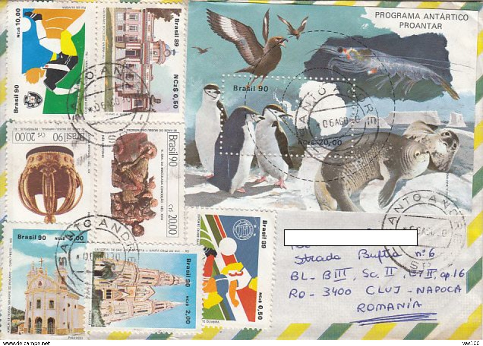 SOCCER, UNIVERSITY, CHURCHES, ANTARCTIC LIFE, CROWN, STATUETTE, STAMPS ON COVER, 1990, BRAZIL - Covers & Documents