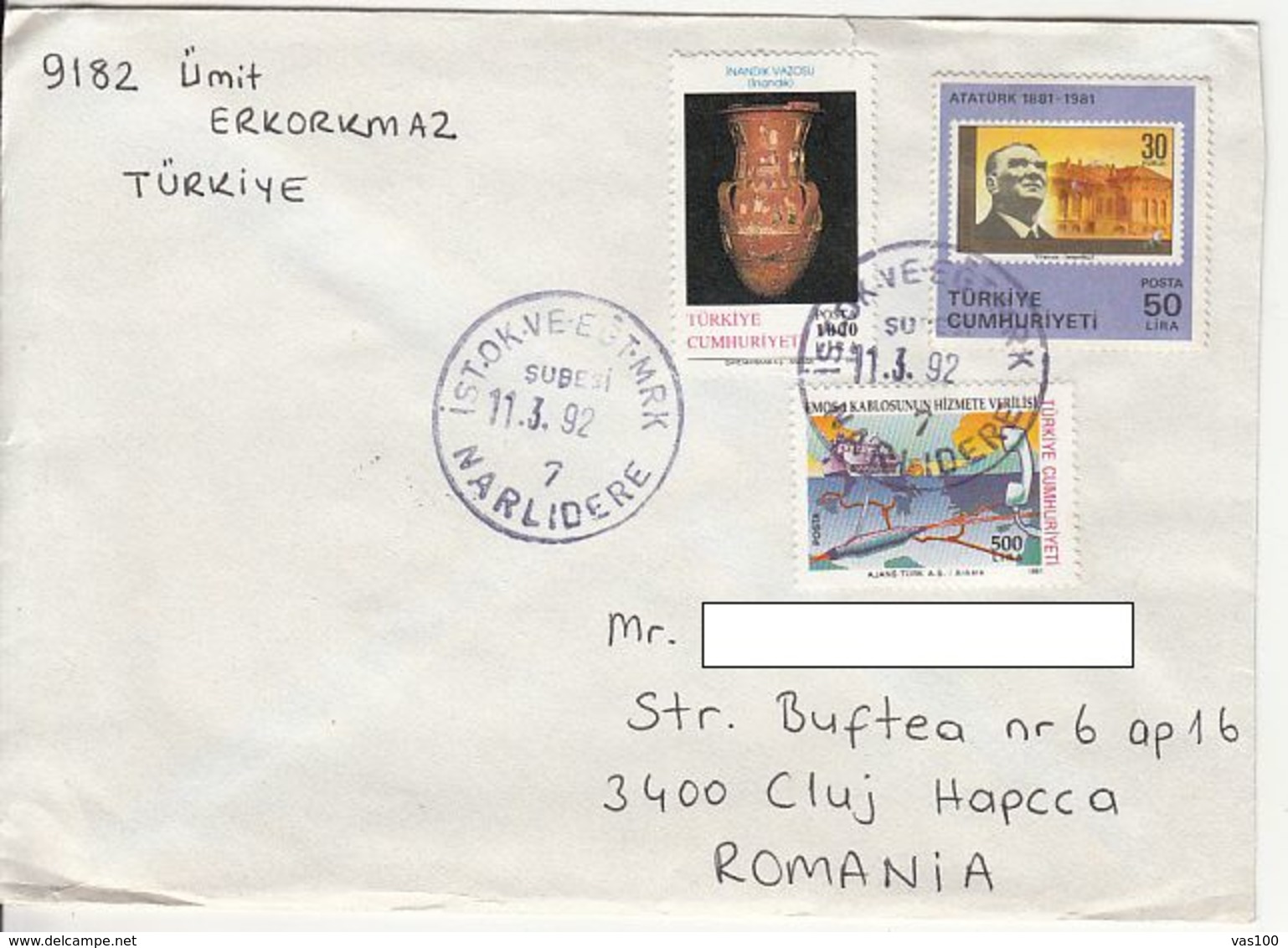 ARCHAEOLOGY, KEMAL ATATURK, TELECOMMUNICATIONS, STAMPS ON COVER, 1992, TURKEY - Cartas & Documentos