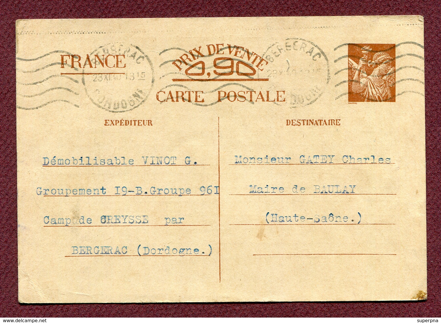 CHANTIERS DE JEUNESSE 1940 : " BERGERAC - CAMP De CREYSSE - Groupement 19 B " - Guerra Del 1939-45