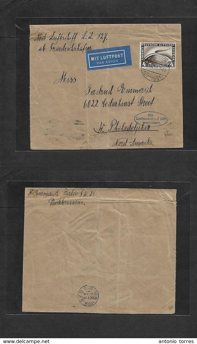 Airmails - World. 1928 (10 Oct) Zeppelin. Germany - USA. Fkd Env 4 Mk + Oval Blue Cachet LZ127. Arrival. Fine. - Other & Unclassified