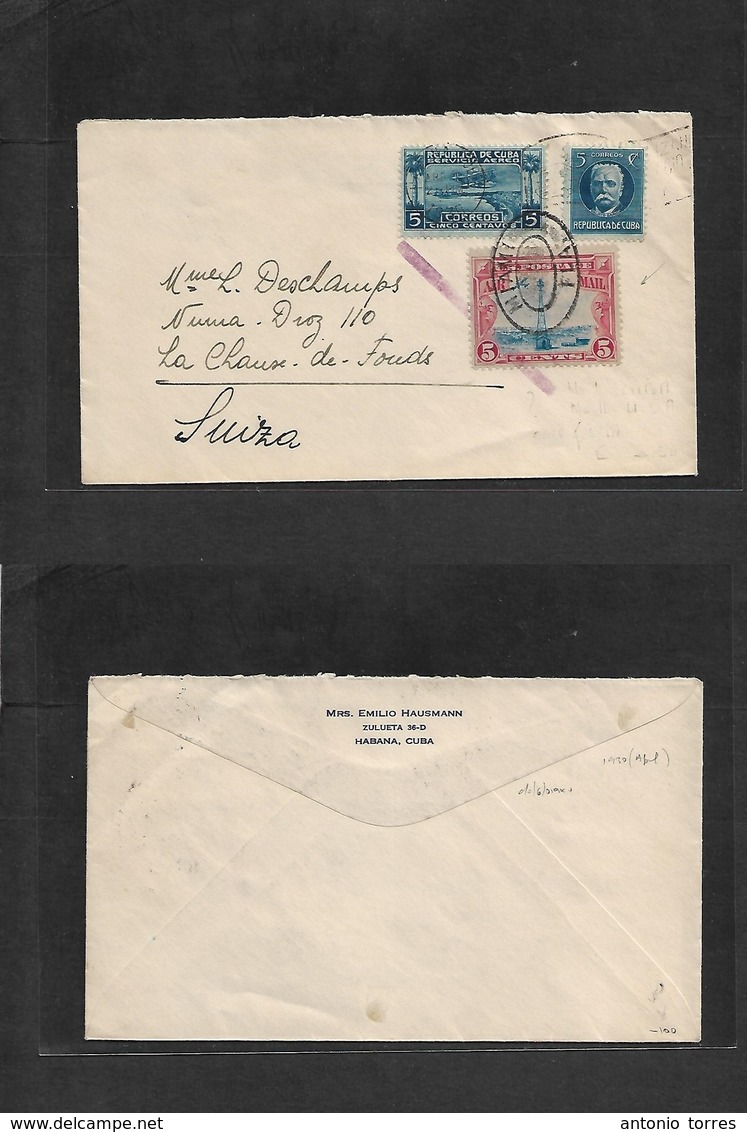 Airmails - World. 1930 (Apr 2) Habana - Switzerland, Chaux De Fonds. Fkd Envelope (10 Ct Rate) + US 5 Cents Airmail Serv - Other & Unclassified