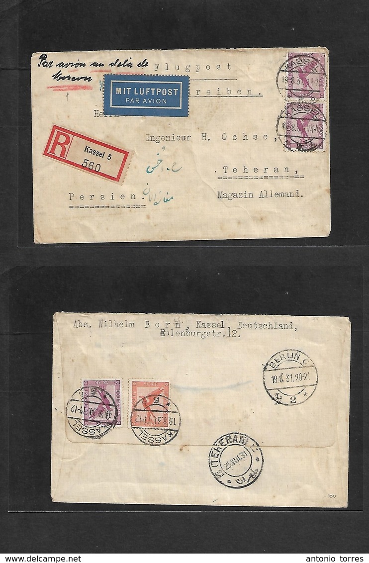 Airmails - World. 1931 (19 Aug) GERMANY - PERSIA, Kassel - Teheran (25 Aug) Registered Air Multifkd Front + Reverse Env. - Autres & Non Classés