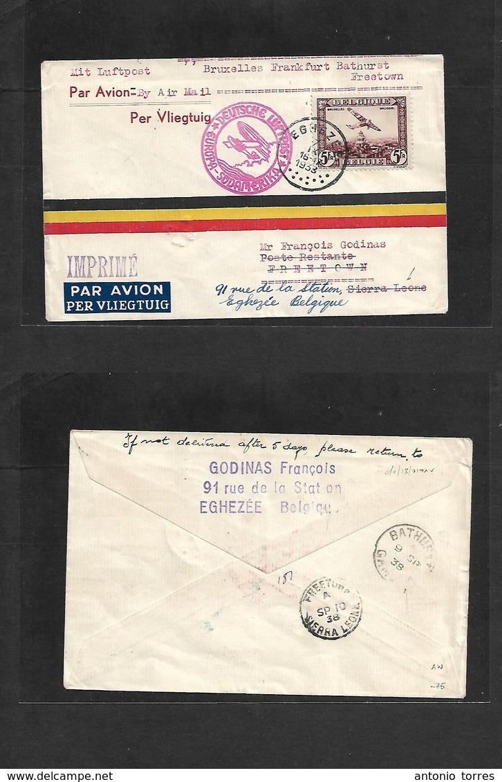 Airmails - World. 1933 (7 Sept) Belgium - SIERRA LEONE (10 Sept) GERMAN SOUTH AMERICA Trop. Fkd 5 Fr Env + Red Cachet. V - Autres & Non Classés