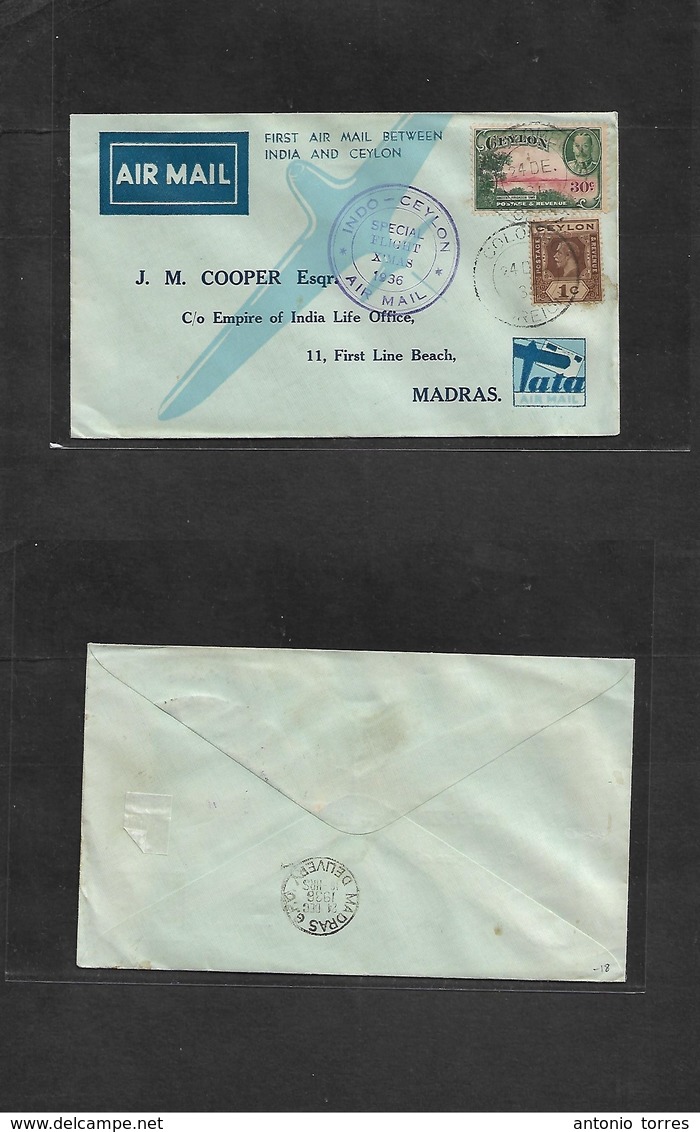 Airmails - World. 1936 (24 Dec) Ceylon - India First Flight Fkd Env. VF  Tata Airmail. - Autres & Non Classés