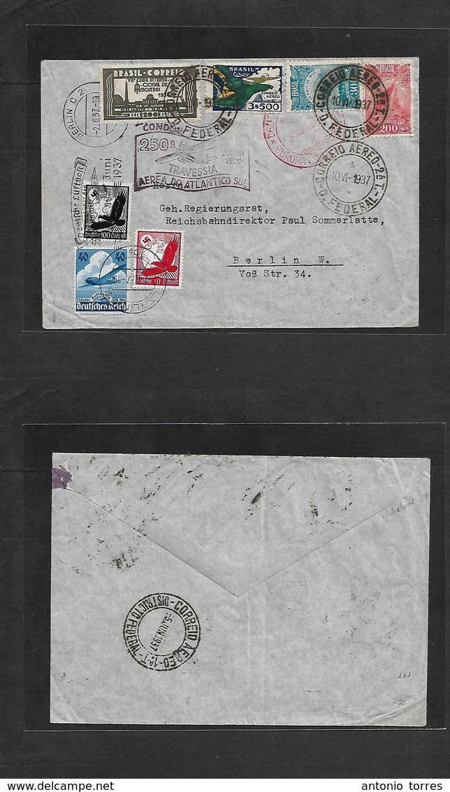 Airmails - World. 1937 (2 June) GERMANY - BRAZIL. 250 Air Flight Comm Connection Multifkd Env German + Brazilian Stamps  - Other & Unclassified