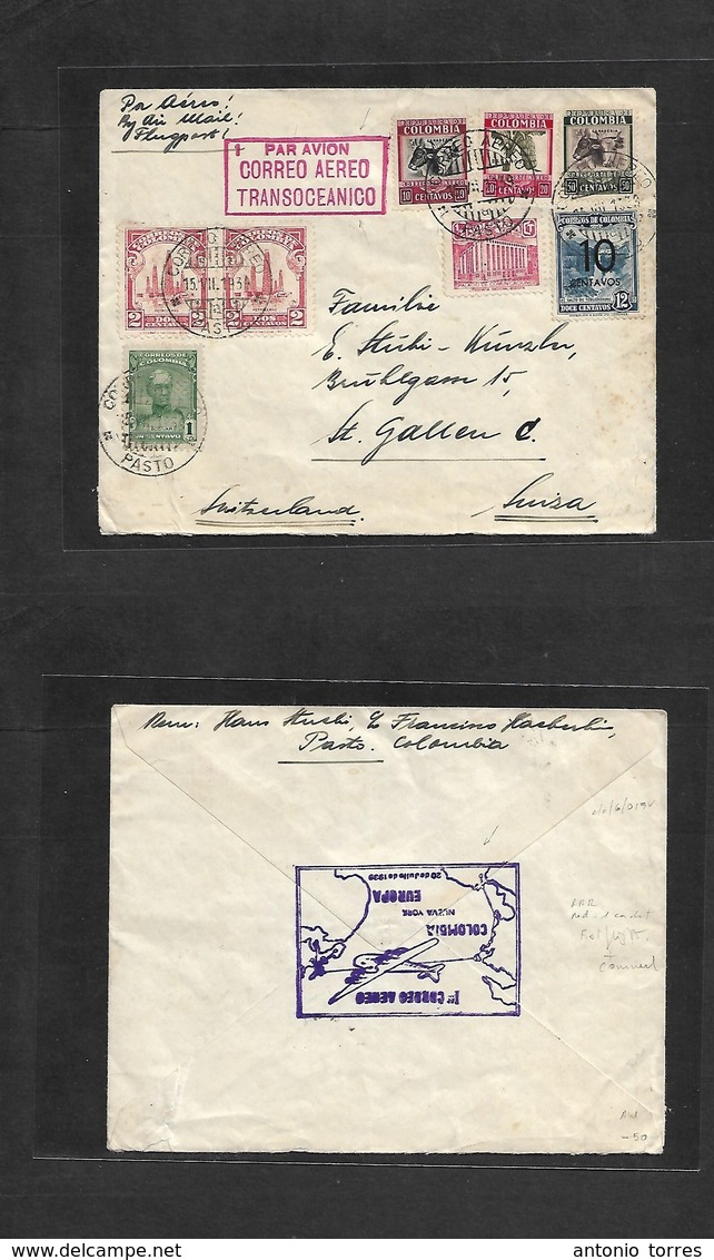 Airmails - World. 1939 (15 July) COLOMBIA - SWITZERLAND. First Transocean Flight. Multifkd Envelope Special Cachet Rever - Autres & Non Classés