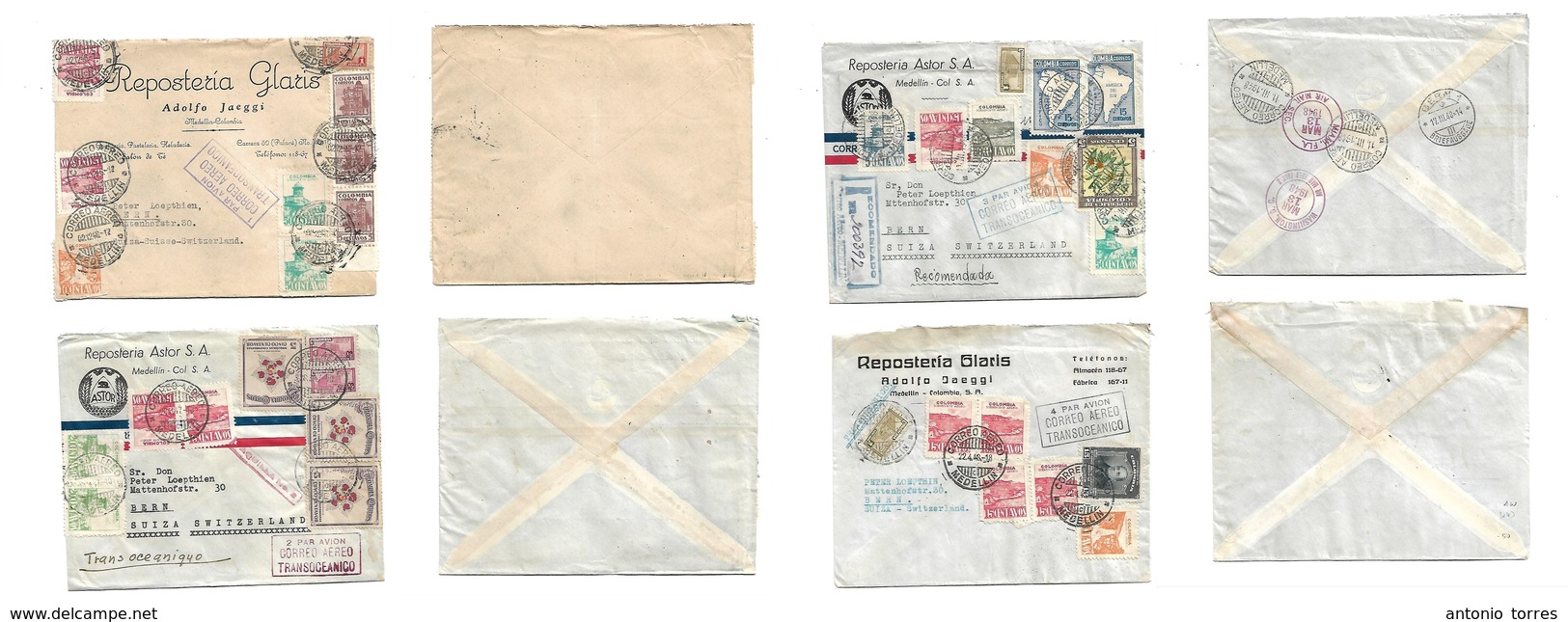Airmails - World. 1946-48. COLOMBIA - SWITZERLAND. Registered / Multifkd 4 Mail Usages With The Diff Number Cachets "1-2 - Other & Unclassified