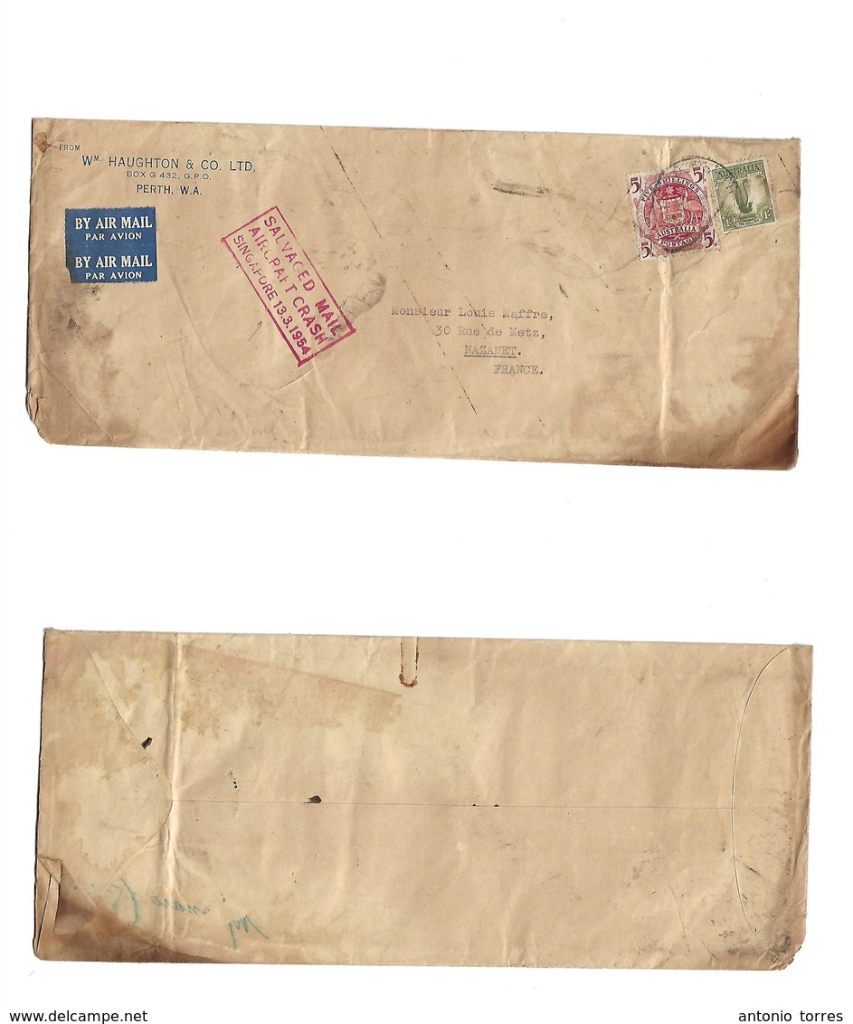 Airmails - World. 1954 (13 March) Singapore Air Crash. Australia - France. Fkd Env 5 Shilling On Cover. Red Cachet. - Altri & Non Classificati