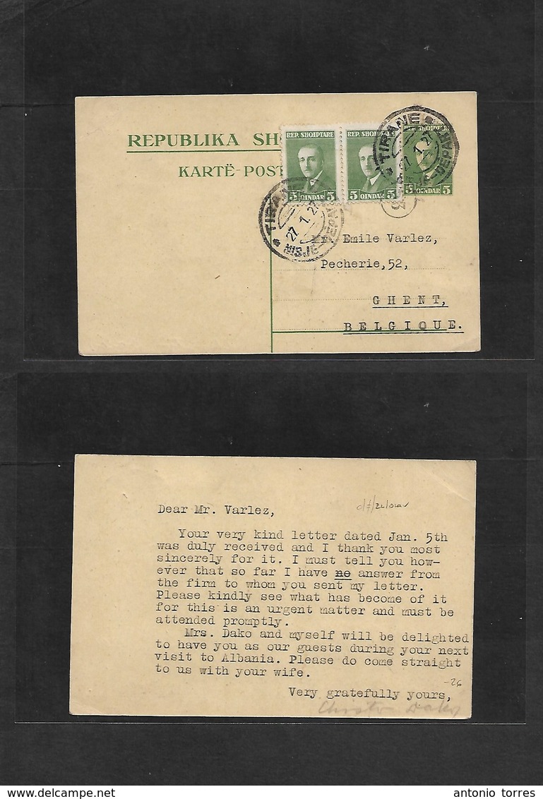 Albania. 1927 (27 Jan) Tirane - Belgium, Ghent 5q Green Stat Card + 2 Adtls Cds. Better Usage. - Albania