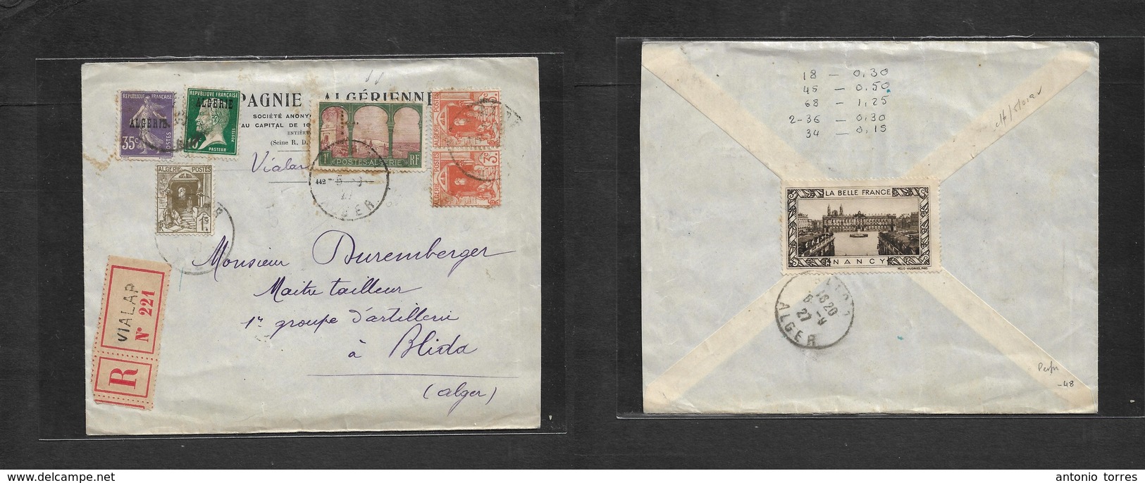 Algeria. 1927 (5 Sept)  Vialap - Blida. PERFIN Stamp Comercial Usage Ovptd Issue + Mixed. Registered Multifkd Envelope.  - Algeria (1962-...)