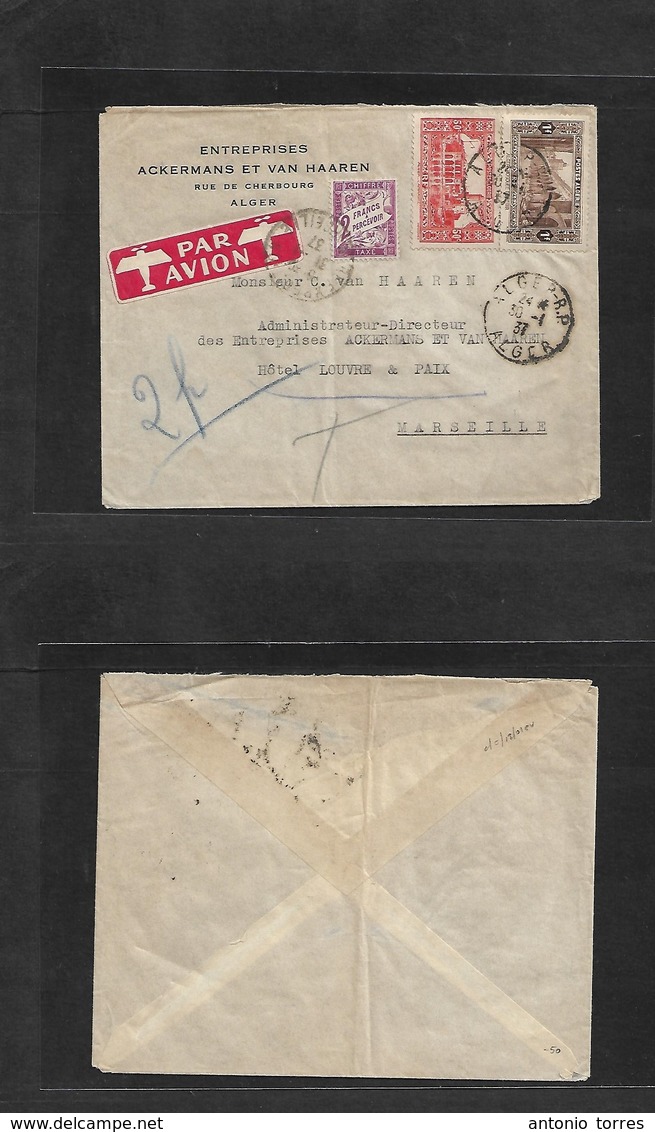 Algeria. 1937 (30 Jan) Alger - France, Marseille (31 Jan) Air Multifkd Env + Tied Air Label + French P. Due Tied Cds. 2f - Algeria (1962-...)