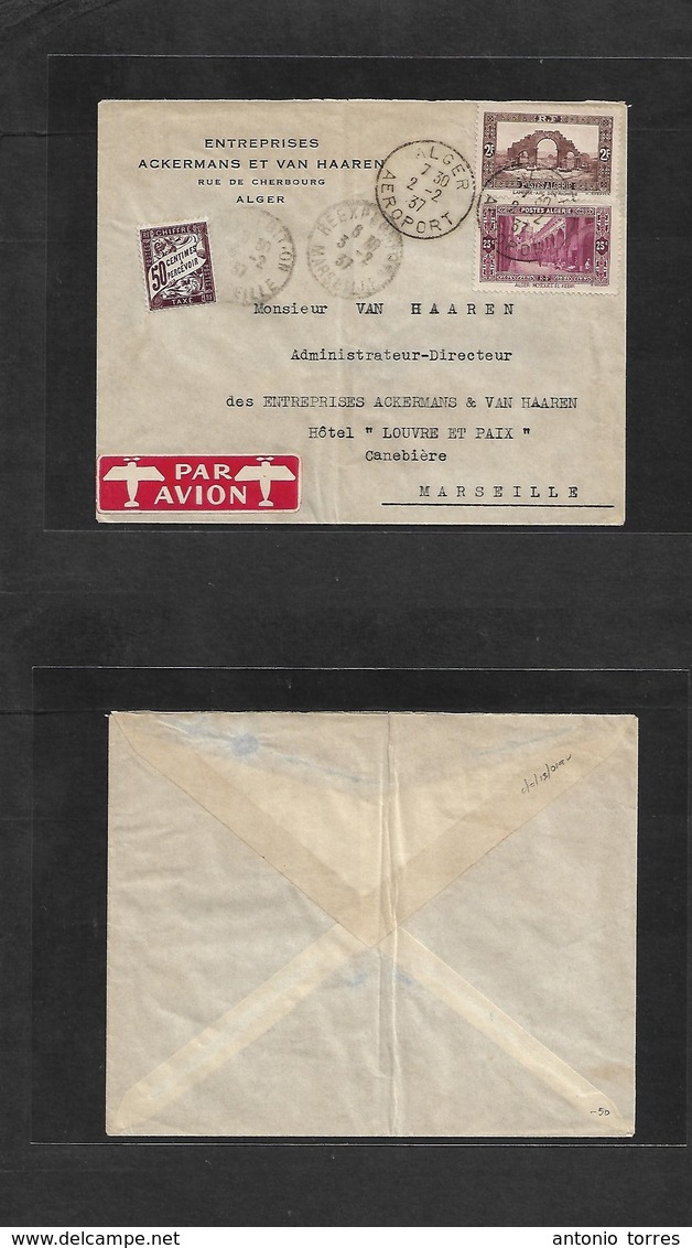 Algeria. 1937 (2 Feb) Alger. Aeroport - France, Marseille (3 Feb) Air Multifkd Env + Air Label + French P. Due Tied Arri - Argelia (1962-...)