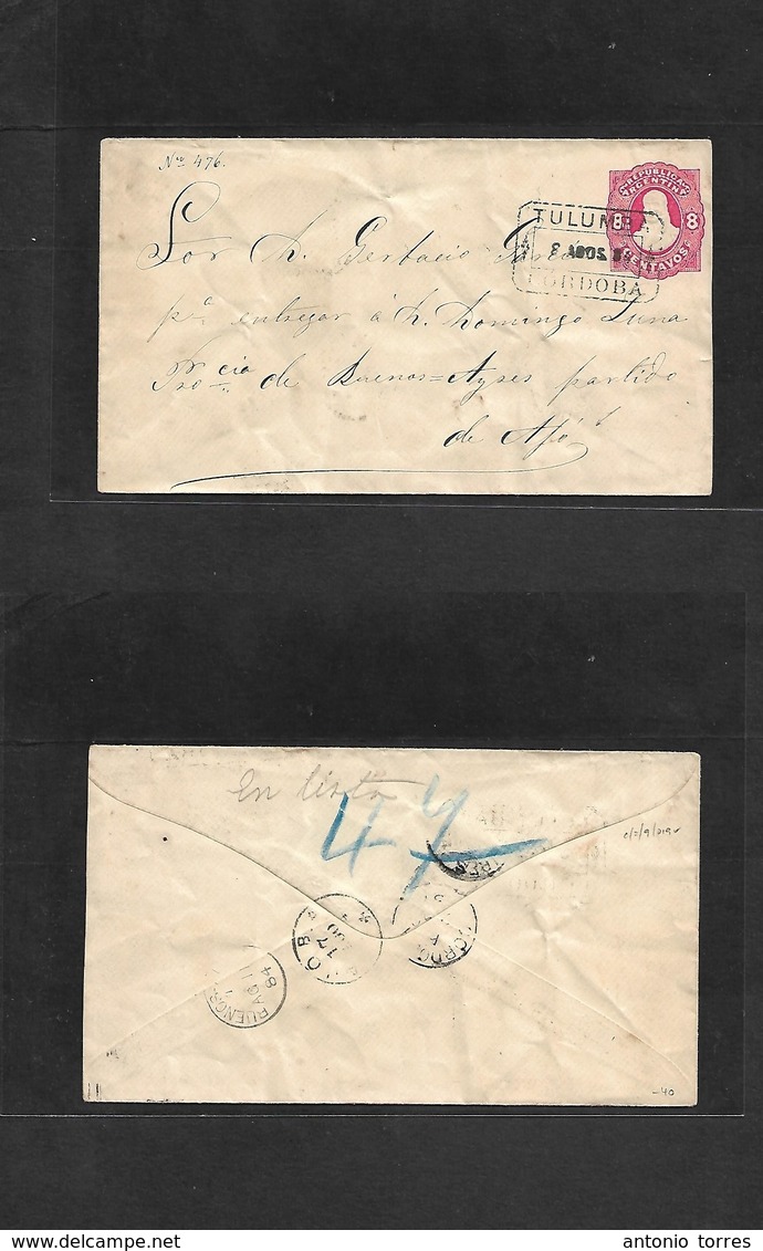 Argentina - Stationery. 1884 (8 Aug) Tulumba, Cordoba - Mar De Ajó, Buenos Aires. 8c Red Stat Env, Box Ds + Dest. VF. - Autres & Non Classés