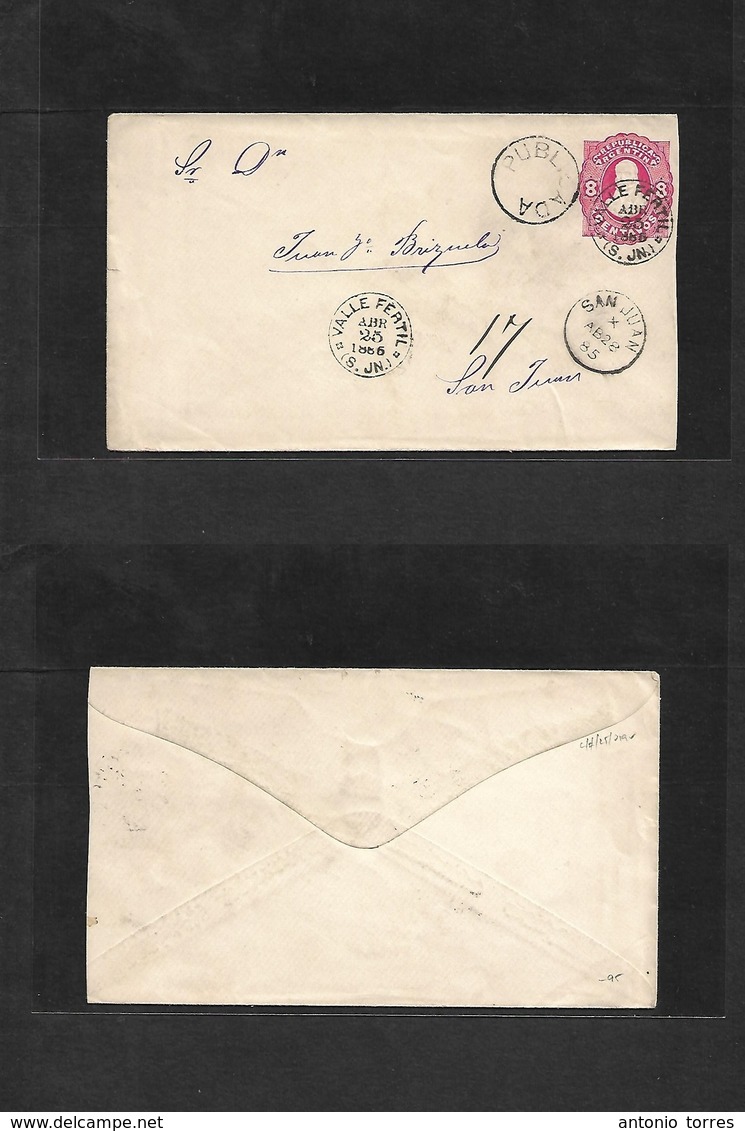 Argentina - Stationery. 1886 (25 Apr) Valle Fertil - San Juan (28 Apr) 8c Red Stat Env. VF Origin Cds. Rare Item. - Other & Unclassified