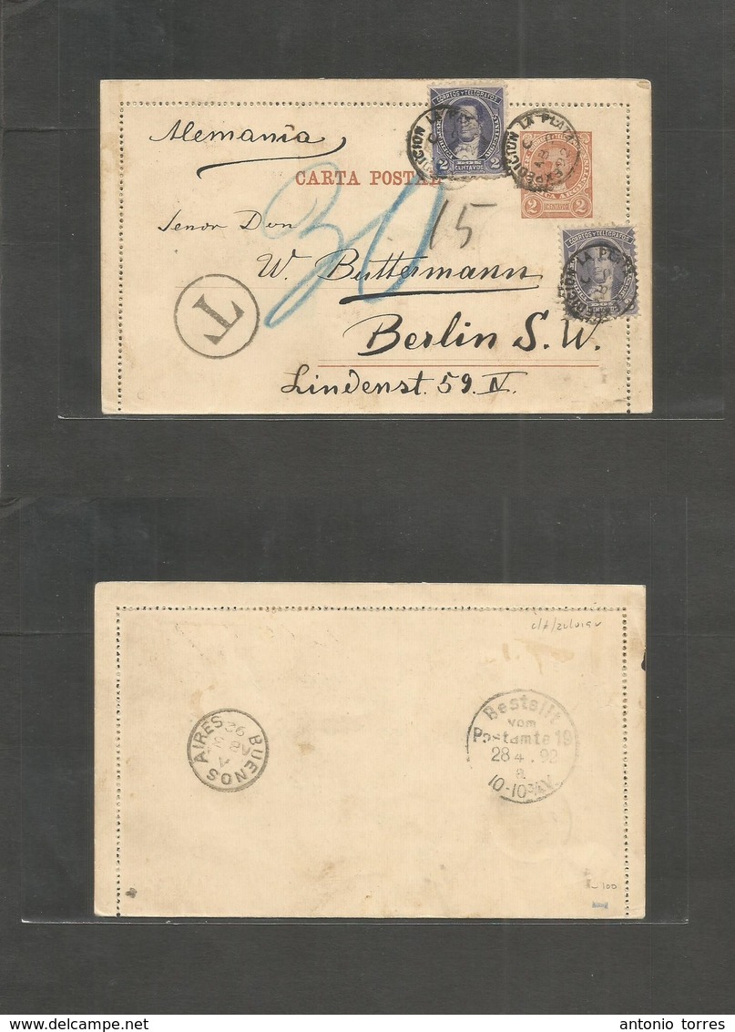 Argentina - Stationery. 1892 (Apr 2) La Plata - Germany, Berlin (28 April) 2c Brown Stat Lettersheet + 2 Adtls, Cds + Ta - Andere & Zonder Classificatie