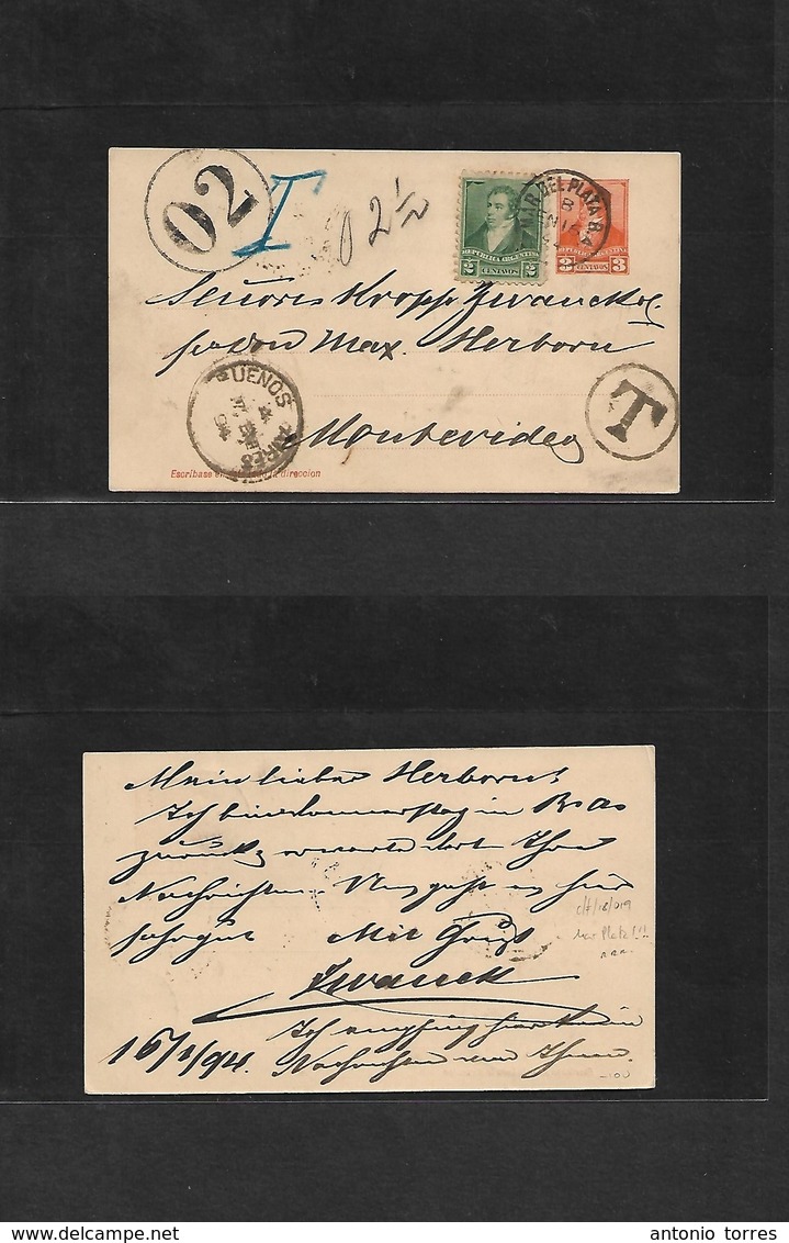 Argentina - Stationery. 1894 (16 Jan) Mar De Plata - Montevideo, Uruguay. 3c Orange Stat Card + 2c Green Adtl, Depart Cd - Sonstige & Ohne Zuordnung