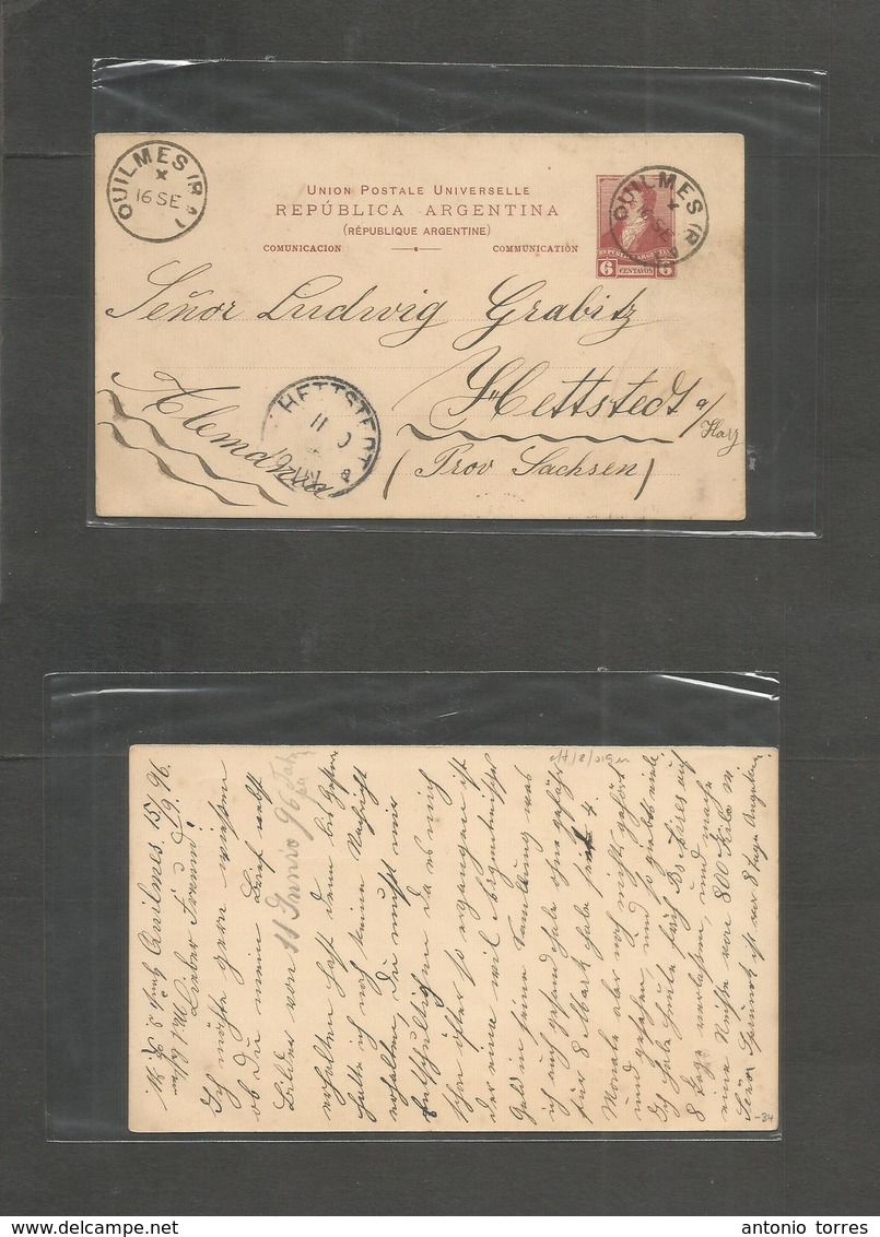 Argentina - Stationery. 1896 (15 Sept) Quilmes - Germany, Hettstedt, Sachsen (11 Oct) 6c Red Lilac Stat Card, Cds. Fine  - Other & Unclassified