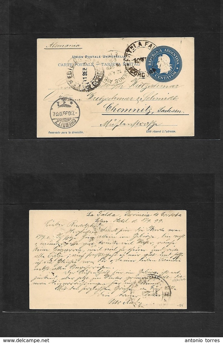 Argentina - Stationery. 1899 (8 Sept) Estacion La Falda, Cordoba - Germany, Chemnitz, Sachsen (7 Oct) 5c Blue Stat Card. - Other & Unclassified