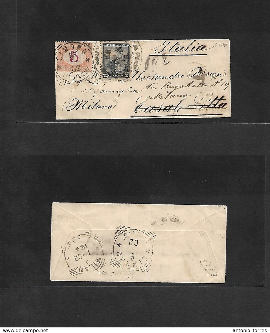 Argentina. 1901. PM Unsealed Small Envelope Fkd 2c Black, Cds + Italy, Milano, Cassale Citta Arrival Italian Postage Due - Other & Unclassified