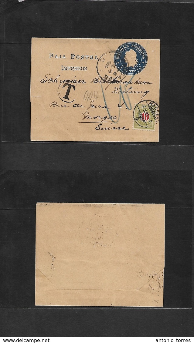 Argentina - Stationery. 1904 (11 Ene) Buenos Aires - Switzerland, Morges (5 Febr) 1c Blue Stat Wrapper, Taxed + Arrival  - Other & Unclassified