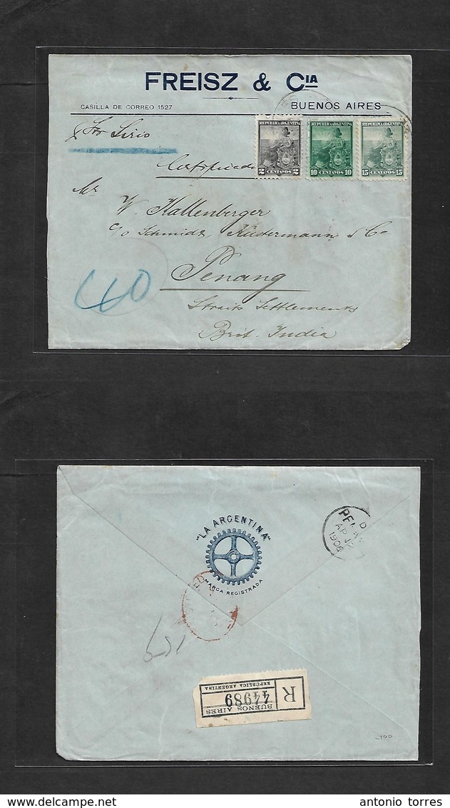 Argentina - Xx. 1906. Buenos Aires - Penang, Str. Stlmts, Malaysia (12 Apr) Registered Multifkd Env 15c + 10c + 2c "Stea - Autres & Non Classés