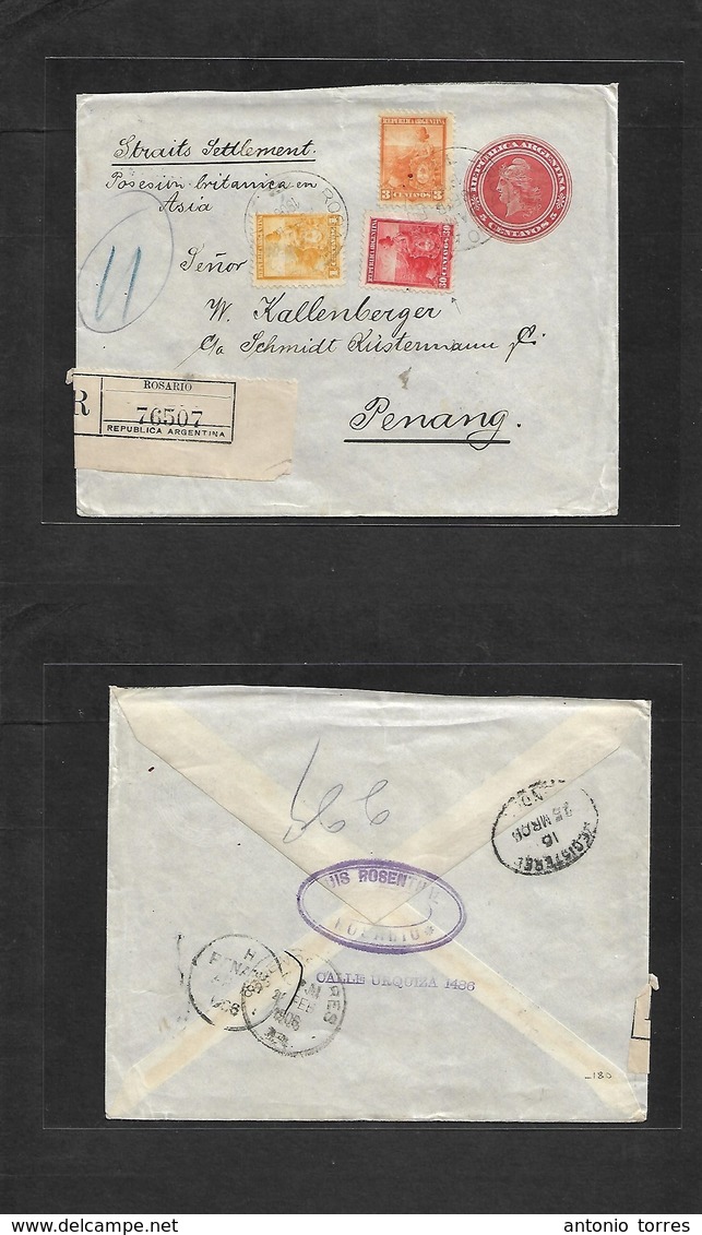 Argentina - Stationery. 1906 (Febr 28) Rosario - Penang, Str. Stlments, Malaysia (18 Apr) Via Buenos Aires - London. Reg - Otros & Sin Clasificación