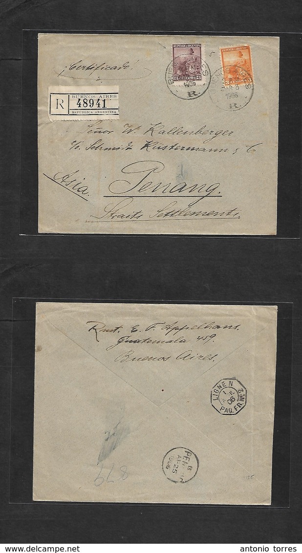 Argentina - Xx. 1906 ( Mar) Buenos Aires - Penang, Str. Stlments, Malaysia (25 April) Registered Multifkd Env 24c + 3c,  - Other & Unclassified