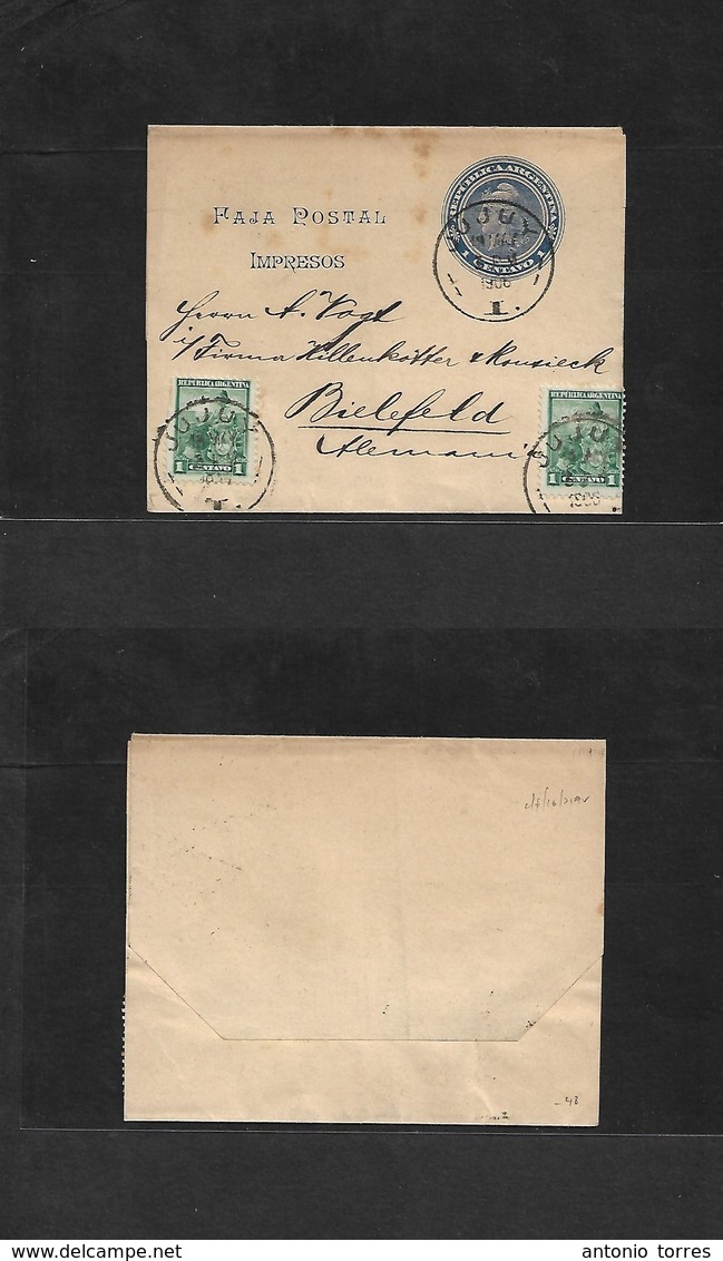 Argentina - Stationery. 1906 (19 May) Jujuy - Germany, Bielefeld. 1c Blue Stat Wrapper + 2 Adtls. Rare Overseas Village  - Other & Unclassified