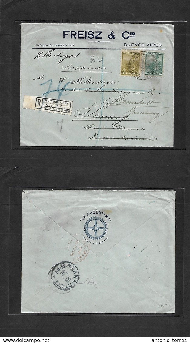 Argentina - Xx. 1906 (Nov) Buenos Aires - Penang, Malaysia, Fwded, Reverse Transited. Registered Mulfkd Env Bearing 12c  - Other & Unclassified