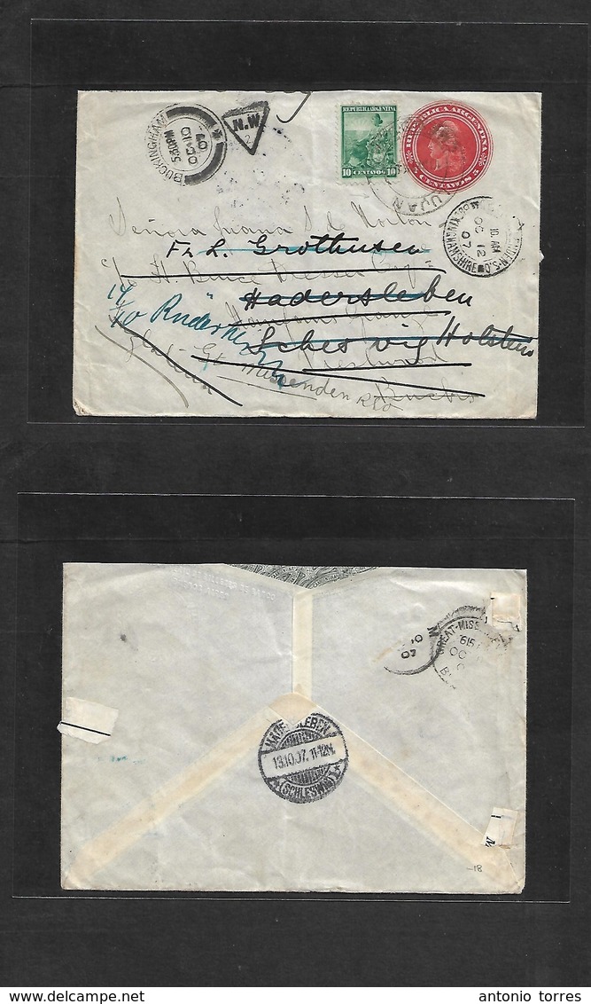 Argentina - Stationery. 1907 (13 Sept) LUJAN - UK, Buckingham, Fwded Kingham Shise. 5c Red Stat Env + 10c Adtl, Cds + Va - Other & Unclassified