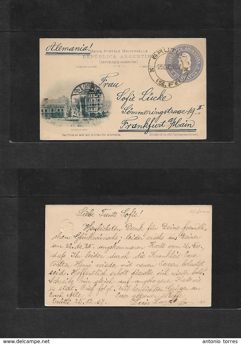 Argentina - Stationery. 1907 (25 Dic) Grutly, Sta Fe - Germany, Frankfurt (19 Jan 08) 6c Grey Arda Mayo Illustrated Stat - Other & Unclassified