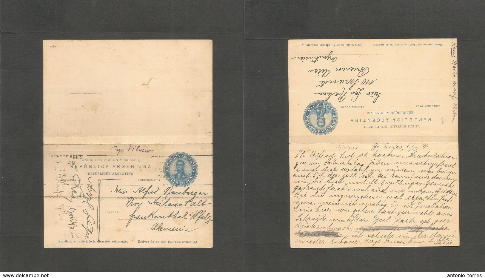 Argentina - Stationery. 1914 (3 Feb) Buenos Aires - Germany, Heilanstadt. 5c Blue Doble Stat Card, Rolling Cachet, Used  - Other & Unclassified